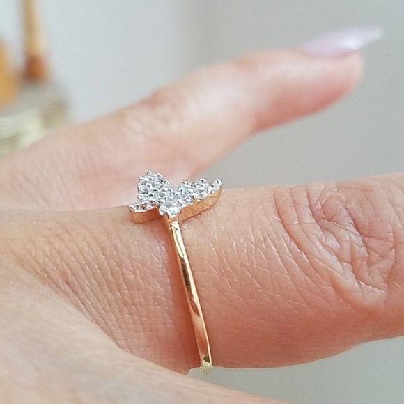 14k solid Gold CZ sideway Butterfly Promise Ring - Picture 5 of 9